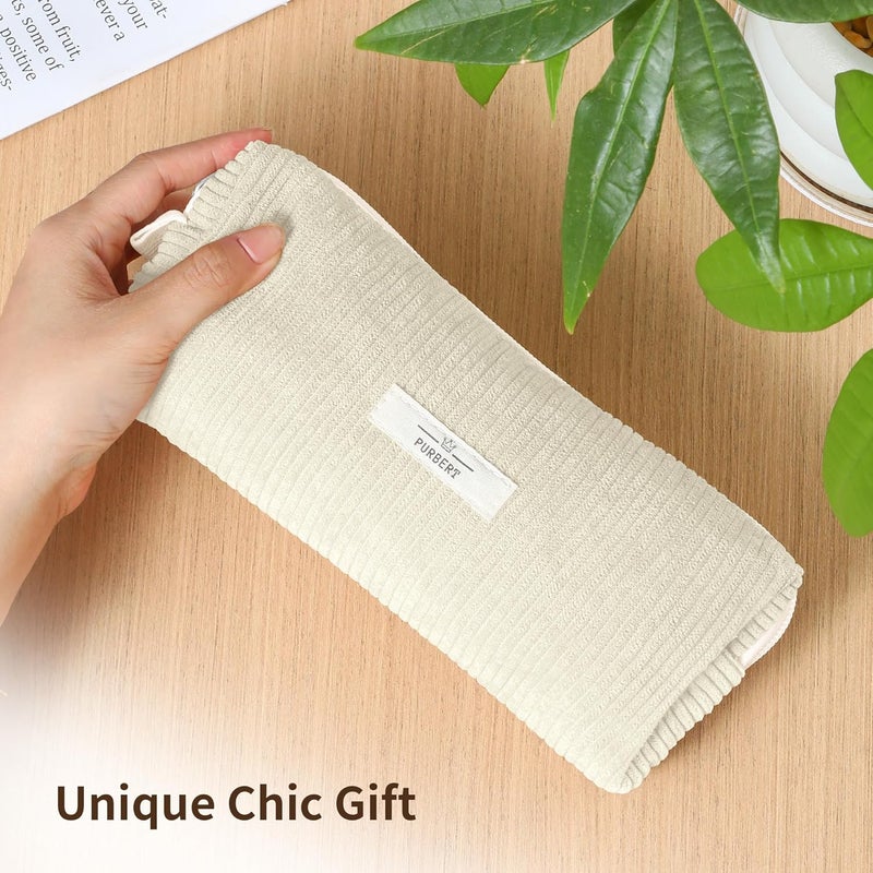 Purbert Pencil Bag Pen Case, Soft Corduroy Small Pencil Pouch Organizer with Zipper, Cute Pencil Case Pouch Stationery for Girls and Boys – White - Image 2